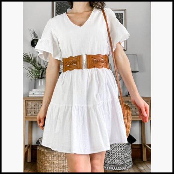Elastic Wide Belt with Faux Leather Trim, Stretchy Cinch for Dresses main image 6